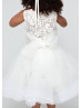 Ivory Lace Tulle Pearl Buttons Back Tea Length Flower Girl Dress